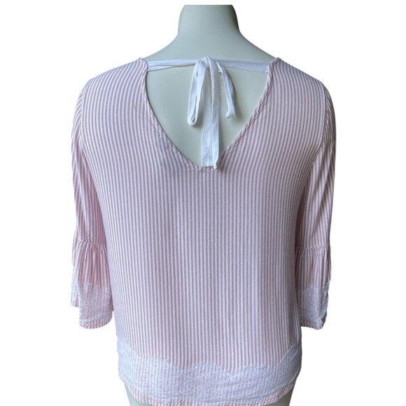 Soho Pink and White Striped Blouse with Lace Accents Bell sleeves Large tie back - Picture 3 of 7